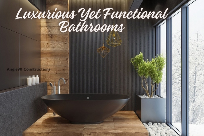 Angle90 Constructions’ elegant bathroom setup in Coimbatore, showcasing a chic freestanding bathtub, rustic wooden panels, and contemporary lighting fixtures with a scenic view.