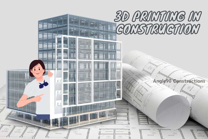 Angle90 Constructions presents advanced 3D printed building models over architectural blueprints, highlighting innovative construction technology in Coimbatore.