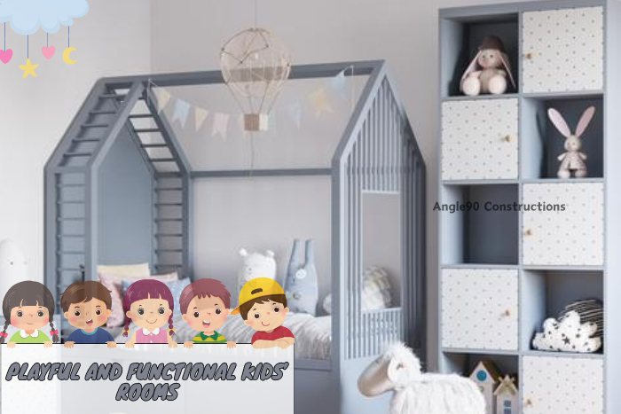 Child-friendly and creative bedroom design by Angle90 Constructions, featuring a house-shaped bed frame and organized toy storage shelves, perfect for Coimbatore's modern family homes.