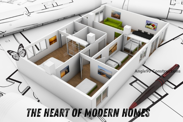 3D architectural model of a modern home layout by Angle90 Constructions, highlighting spacious interior design planning for Coimbatore residences.