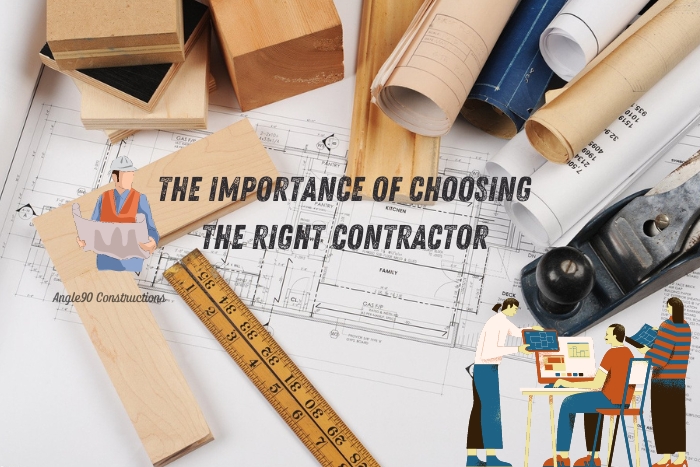 Angle90 Constructions emphasizes the significance of selecting a skilled contractor in Coimbatore, illustrated by an array of construction tools, wood samples, and blueprints for effective project planning.