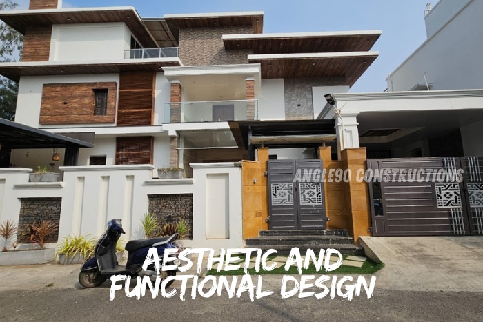 Modern residential house in Coimbatore showcasing aesthetic and functional design by Angle90 Constructions, featuring wood finishes and contemporary architecture