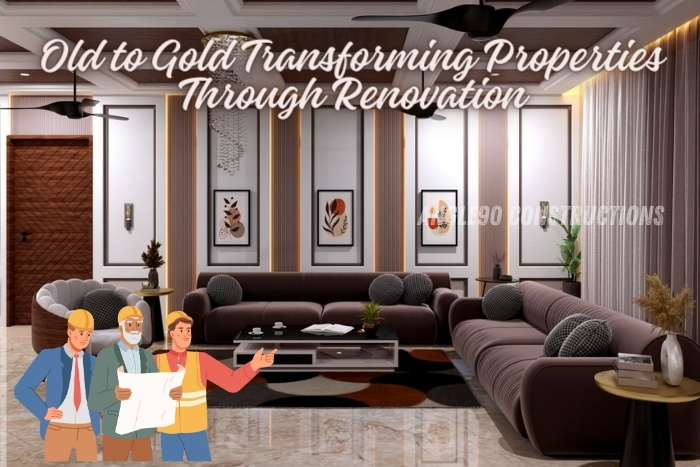 Elegant living room renovation in Coimbatore by Angle90 Constructions, featuring contemporary design elements and stylish decor, illustrating the transformation of properties from old to gold