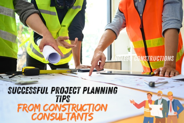 Successful project planning tips from construction consultants at Angle90 Constructions in Coimbatore, featuring consultants discussing blueprints and strategies for efficient and effective construction project execution