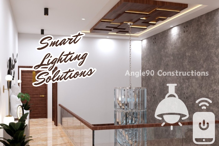 Innovative smart lighting solutions by Angle90 Constructions in Coimbatore, featuring elegant ceiling fixtures, sleek pendant lights, and remote-controlled illumination for modern homes