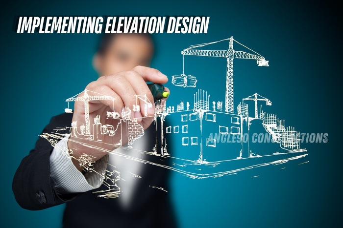 Implementing elevation design by Angle90 Constructions in Coimbatore, featuring an architect sketching modern building elevations, highlighting innovative construction techniques and high-quality materials