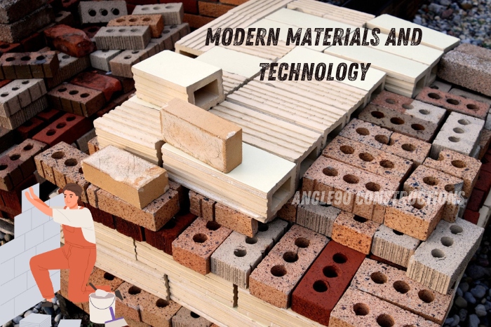 Modern construction materials and technology by Angle90 Constructions in Coimbatore, showcasing a variety of high-quality bricks and blocks to enhance durability and innovation in building projects