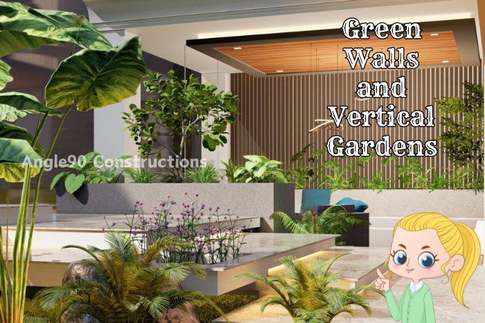 Modern green walls and vertical garden design by Angle90 Constructions in Coimbatore, featuring lush indoor plants, vertical planters, and sleek wooden accents for a contemporary aesthetic.