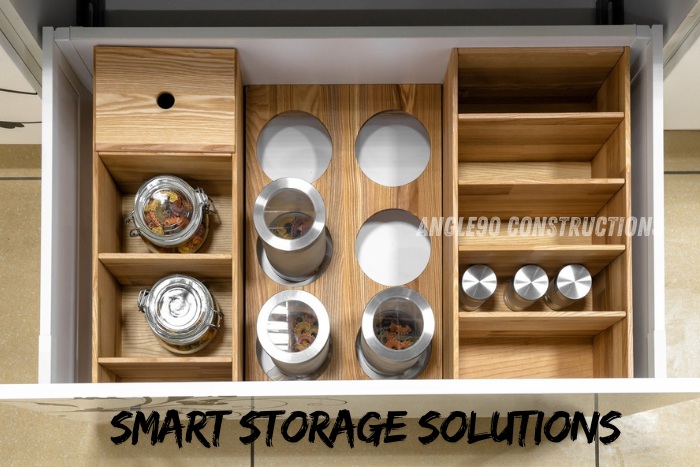 Smart storage solutions in modular kitchens by Angle90 Constructions in Coimbatore, showcasing organized drawer compartments for spices and jars, optimizing space and enhancing kitchen efficiency.