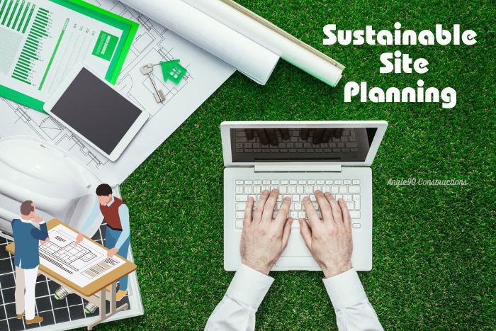 Angle90 Constructions in Coimbatore focuses on sustainable site planning, depicted by a professional working on a laptop with construction plans and green design elements around, promoting eco-friendly building practices.