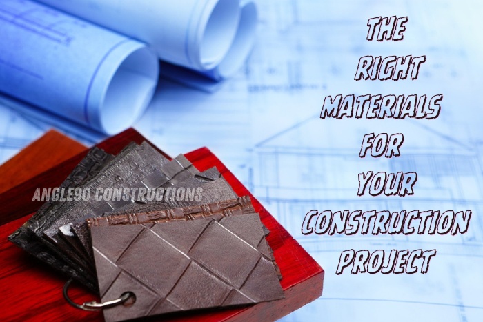 Selection of high-quality construction materials by Angle90 Constructions in Coimbatore, featuring a display of tile samples and architectural blueprints for effective project planning