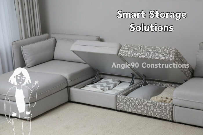 Innovative smart storage solutions by Angle90 Constructions in Coimbatore, featuring a modular sofa with hidden compartments for efficient organization in compact living spaces