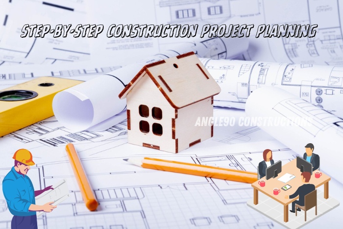 Step-by-step construction project planning by Angle90 Constructions in Coimbatore, showcasing detailed blueprints, planning tools, and a model house to ensure precise and efficient project execution