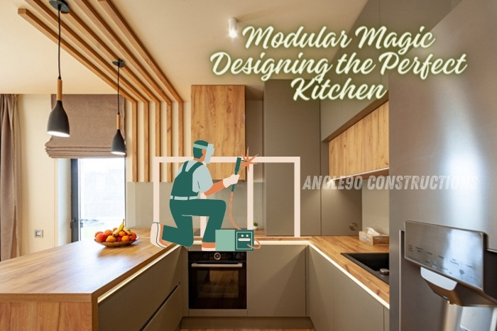 Designing the perfect modular kitchen by Angle90 Constructions in Coimbatore, showcasing a modern, stylish kitchen layout with efficient use of space, high-quality materials, and contemporary lighting