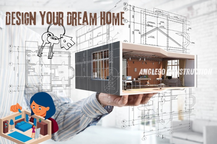 Angle90 Constructions: Design Your Dream Home. Image featuring a person holding a detailed house model with architectural plans in the background, representing custom home design and construction services in Coimbatore.