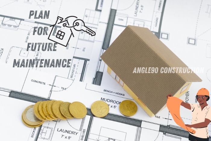 Angle90 Constructions: Plan for Future Maintenance. Image showcasing a miniature house, coins, and construction blueprints, emphasizing the importance of future maintenance planning for homes in Coimbatore