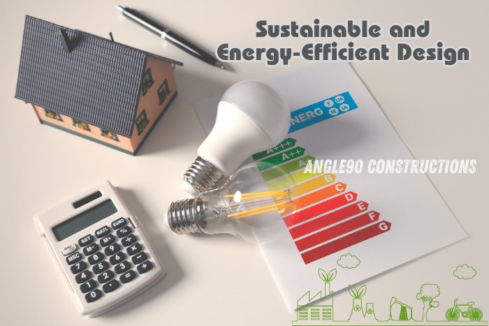 Angle90 Constructions: Sustainable and Energy-Efficient Design. Image showcasing energy-saving light bulbs, a house model, a calculator, and an energy efficiency rating chart, representing eco-friendly construction practices in Coimbatore