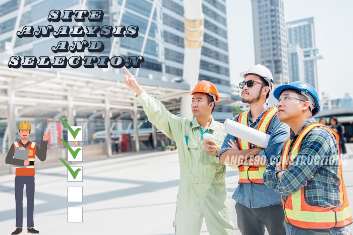 Three construction professionals conducting site analysis and selection in an urban area. Angle90 Constructions ensures optimal site selection for successful project outcomes