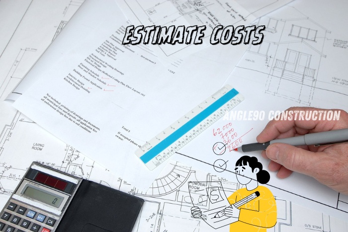 Angle90 Constructions: Estimate Costs. Image featuring construction blueprints, a calculator, and a person calculating project expenses, highlighting cost estimation services for construction projects in Coimbatore