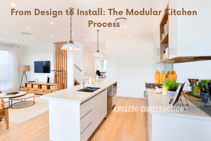 Modern modular kitchen installed by Angle90 Constructions in Coimbatore, showcasing a sleek design with efficient layout, high-quality materials, and smart storage solutions. Discover the seamless process from design to installation with our expert team