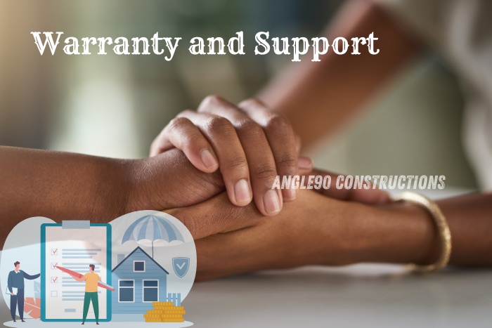 Close-up of two hands clasped, symbolizing trust and support, with icons of a checklist, house, and security shield representing warranty and support services by Angle90 Constructions in Coimbatore