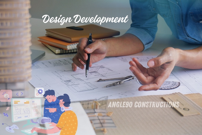 Angle90 Constructions team working on design development, showcasing detailed architectural plans and creative solutions for residential projects in Coimbatore. Transform your space with our expert design services, tailored to meet your specific needs and style preferences.