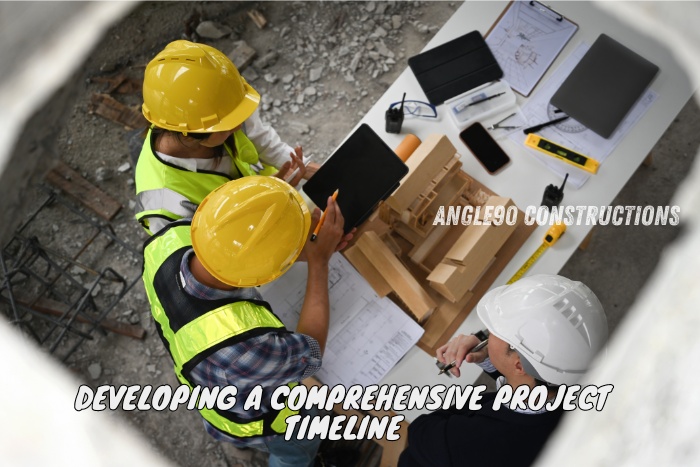 Angle90 Constructions team in Coimbatore collaborating on developing a comprehensive project timeline, ensuring efficient workflow and timely completion for construction projects. Strategic planning with modern tools for optimal results