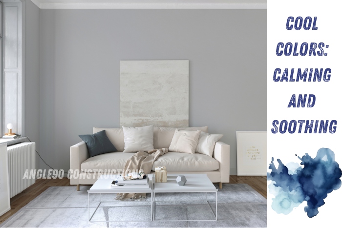 Angle90 Constructions in Coimbatore showcases a serene living room design featuring cool, calming colors that create a soothing atmosphere. Transform your space with expert interior design that promotes relaxation and tranquility