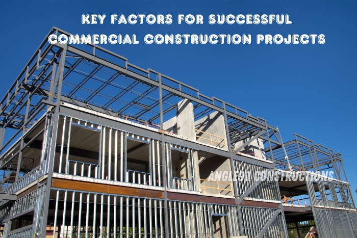 Steel framework of a modern commercial building under construction in Coimbatore, highlighting the key factors for successful project completion by Angle90 Constructions