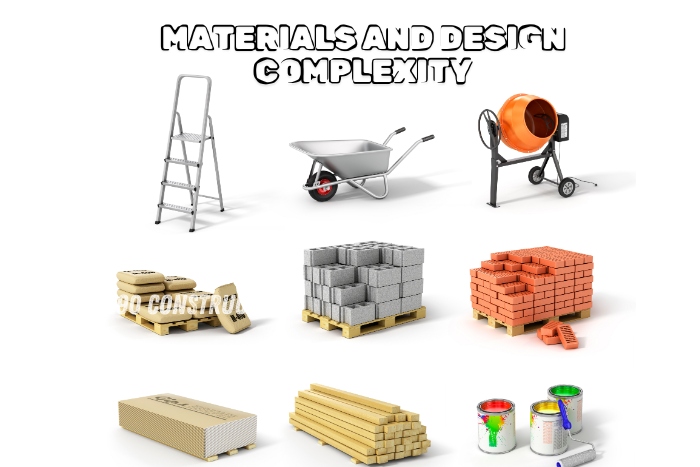 Construction materials including bricks, cement, wood, and tools showcasing the design complexity in construction, managed by Angle90 Constructions in Coimbatore.