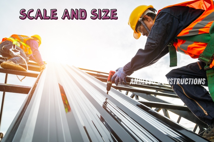 Construction workers using power tools on large steel frames, emphasizing the scale and size of projects handled by Angle90 Constructions in Coimbatore