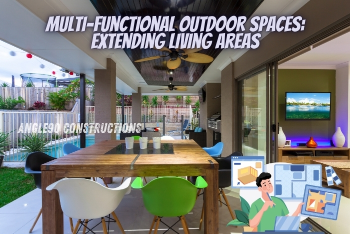 Outdoor living area with a dining table and lounge setup, showcasing innovative design for extended living spaces by Angle90 Constructions in Coimbatore