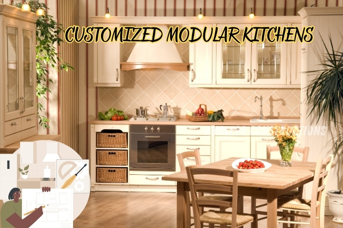 Luxury modular kitchen featuring custom wood finishes and wicker storage by Angle90 Constructions, a top construction and interior design service in Coimbatore