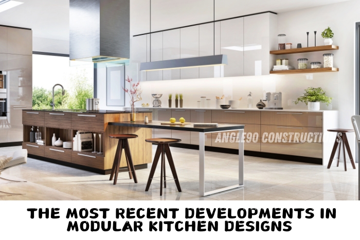 Sleek and modern modular kitchen with innovative design elements and stylish finishes by Angle90 Constructions in Coimbatore, perfect for contemporary homes.