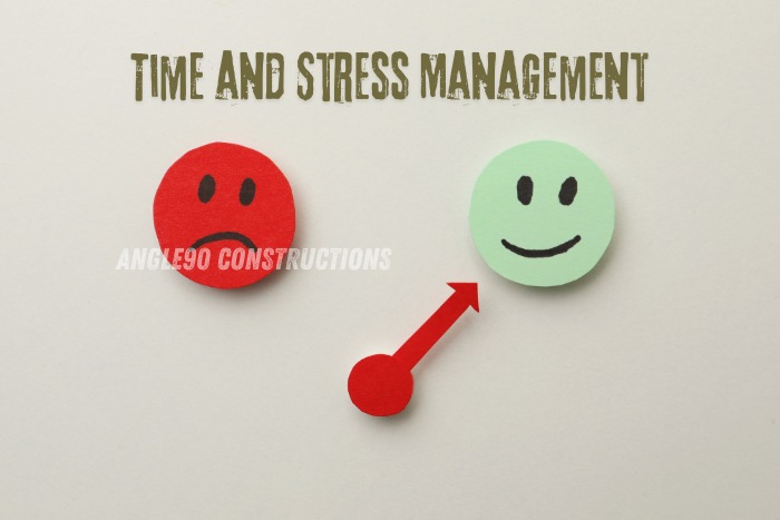 Time and stress management depicted with emoticons, highlighting efficient construction project management by Angle90 Constructions in Coimbatore