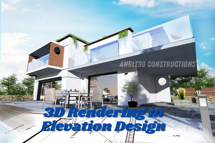 High-quality 3D rendering in Building Elevation and modern architectural visualization by Angle90 Constructions in Coimbatore