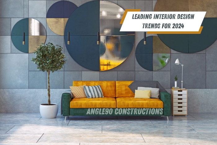 Innovative living room designs with vibrant colors and artistic wall decor in Coimbatore by Angle90 Constructions