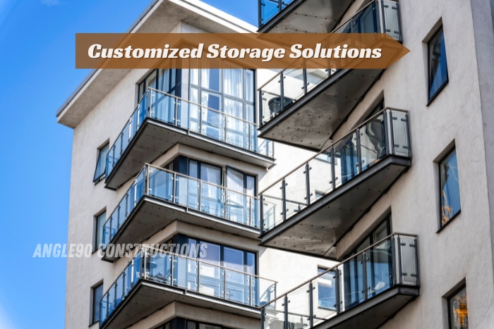 Modern apartment building featuring glass balconies and customized storage design by Angle90 Constructions, leading builders in Coimbatore