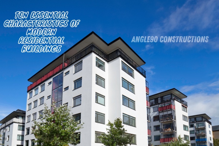 Modern apartment buildings under clear blue skies by Angle90 Constructions in Coimbatore, showcasing essential features of residential architecture