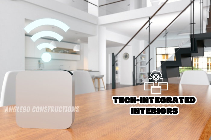 Smart home design with seamless technology integration for modern living, tech-integrated interiors by Angle90 Constructions in Coimbatore