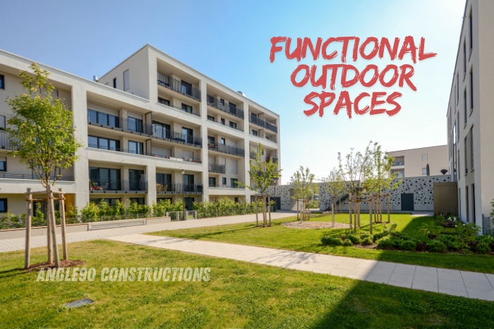 Spacious residential apartment complex with functional outdoor landscaping, designed by Angle90 Constructions in Coimbatore