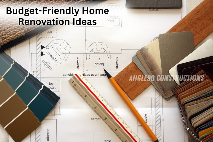 Interior color samples, floor plans, and renovation tools showing budget-friendly home renovation ideas by Angle90 Constructions in coimbatore