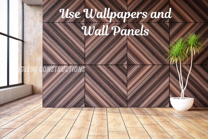 Wooden textured panels and indoor plant, highlighting smart wallpaper and wall panel ideas by Angle90 Constructions in Coimbatore