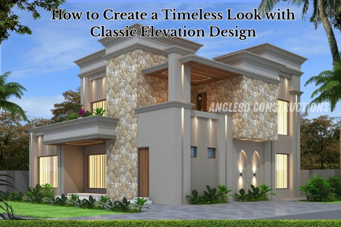 Elegant house elevation design in Coimbatore by Angle90 Constructions, featuring a timeless style with stone and modern Architect
