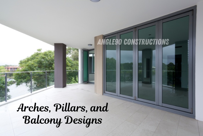 Modern balcony design with elegant Architect and strong pillars in Coimbatore by Angle90 Constructions