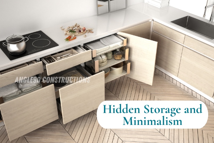 Modern minimalist modular kitchen with hidden storage drawers by Angle90 Constructions in Coimbatore