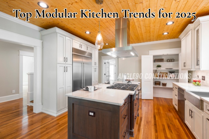Stylish modular kitchen interior by Angle90 Constructions in Coimbatore, showcasing top kitchen design trends