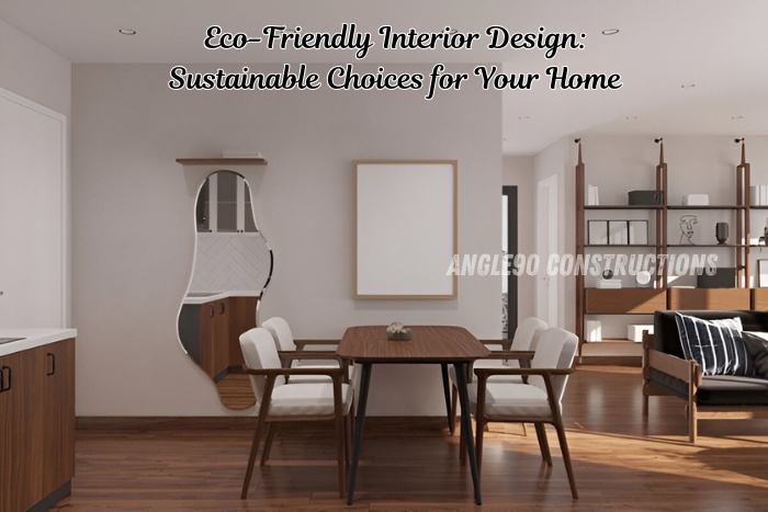 Eco-friendly interior design with wooden dining and white chairs in a modern Coimbatore home, designed by Angle90 Constructions