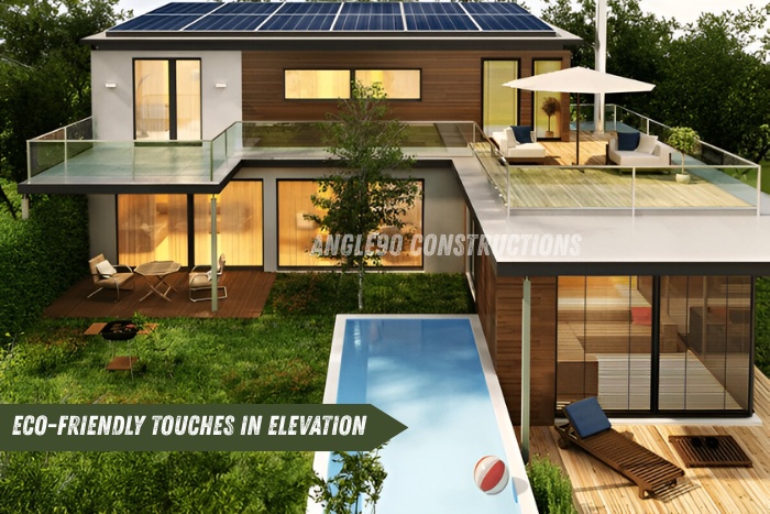 Eco-friendly modern house elevation with solar panels, glass balconies, and pool area by Angle90 Constructions in Coimbatore