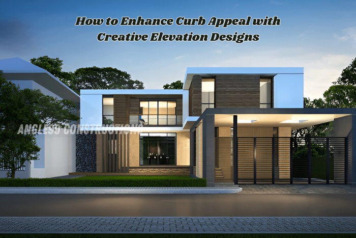 Modern house elevation design with creative lighting and exterior style by Angle90 Constructions in Coimbatore, enhancing curb appeal with elegant